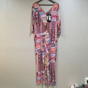 Attitudes by Renee Patchwork Wide Leg Jumpsuit Women M Pink Tropical Resort Boho